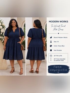 Modern Works Navy Tie-Waist Tiered Eyelet Hem Dress With Pockets Sz 2X